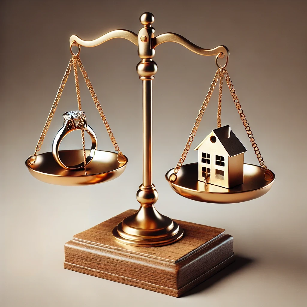 ์ ์ธ์ ํ์ชฝ์๋ ๊ฒฐํผ๋ฐ์ง๊ฐ, ๋ค๋ฅธ ์ชฝ์๋ ์ง ๋ชจ์์ด ๋์ฌ ์์ด, ์ฌ์คํผ ๊ด๊ณ์์์ ์ฌ์ฐ๊ถ์ ๋ํ ๋ฒ์ ๋
ผ์์ ํํํจ.